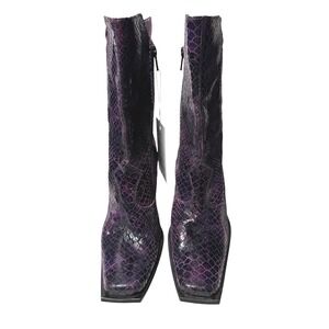 Bee Fly Vintage Snakeskin Embossed Square Toe Boots Purple 37